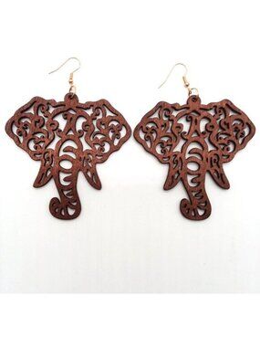 Elephant Earrings Ornate Wood Bohemian Dangle Boho Carved Hippie Trendy Stylish